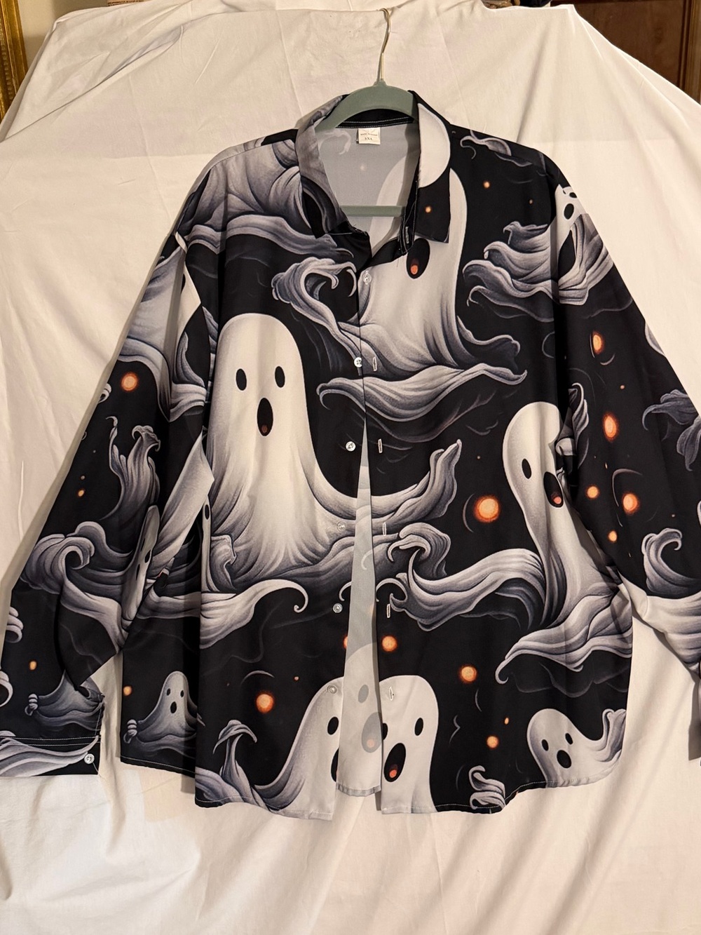 #558 Men’s Halloween Ghost Print Black Button-Up Dress shirt